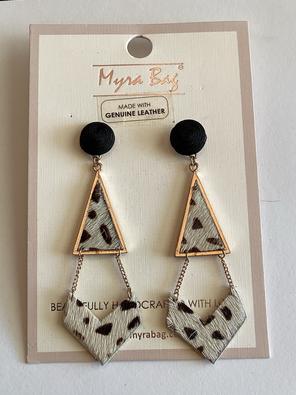Myra Bag Black and Ivory Spotted Leather Geometric Drop Earrings